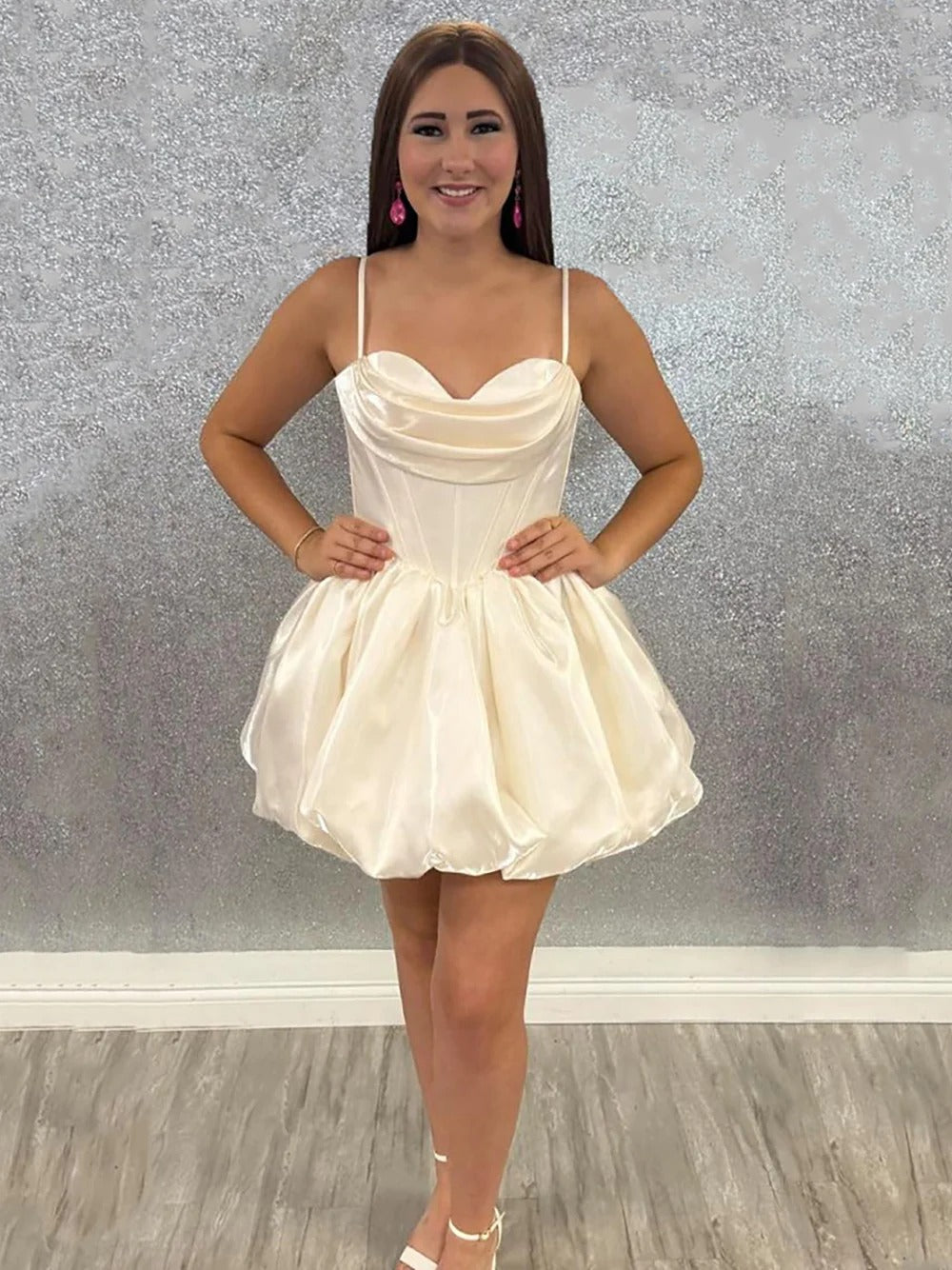 Straps Ruched Satin A Line Short Corset Homecoming Dress - VelvetHem