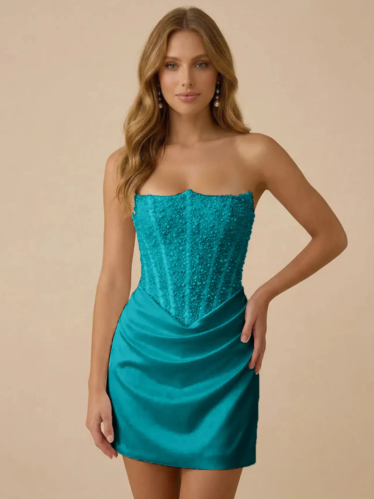 Strapless Sequin Beaded Satin Short Homecoming Dress with Corset - VelvetHem