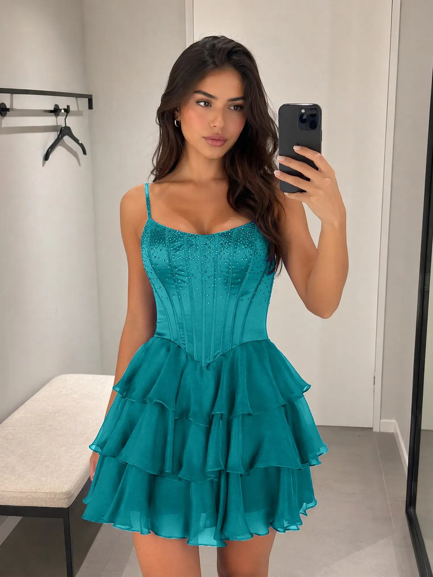 Spaghetti Strap Tiered Chiffon Mini Homecoming Dresses with Beaded Bodice - VelvetHem