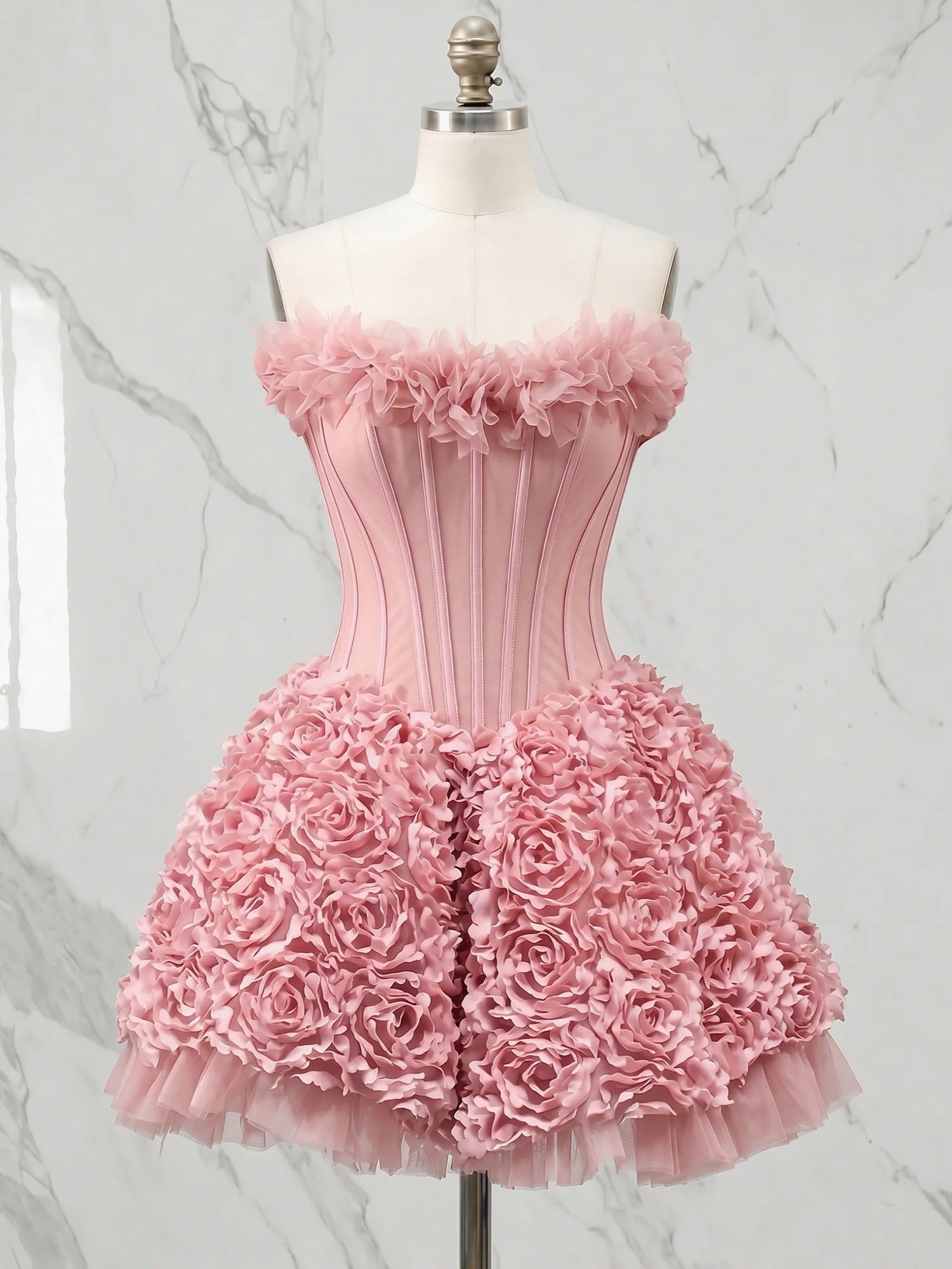Whimsical Dusty Rose 3D Floral Corset Balletcore Homecoming Dress