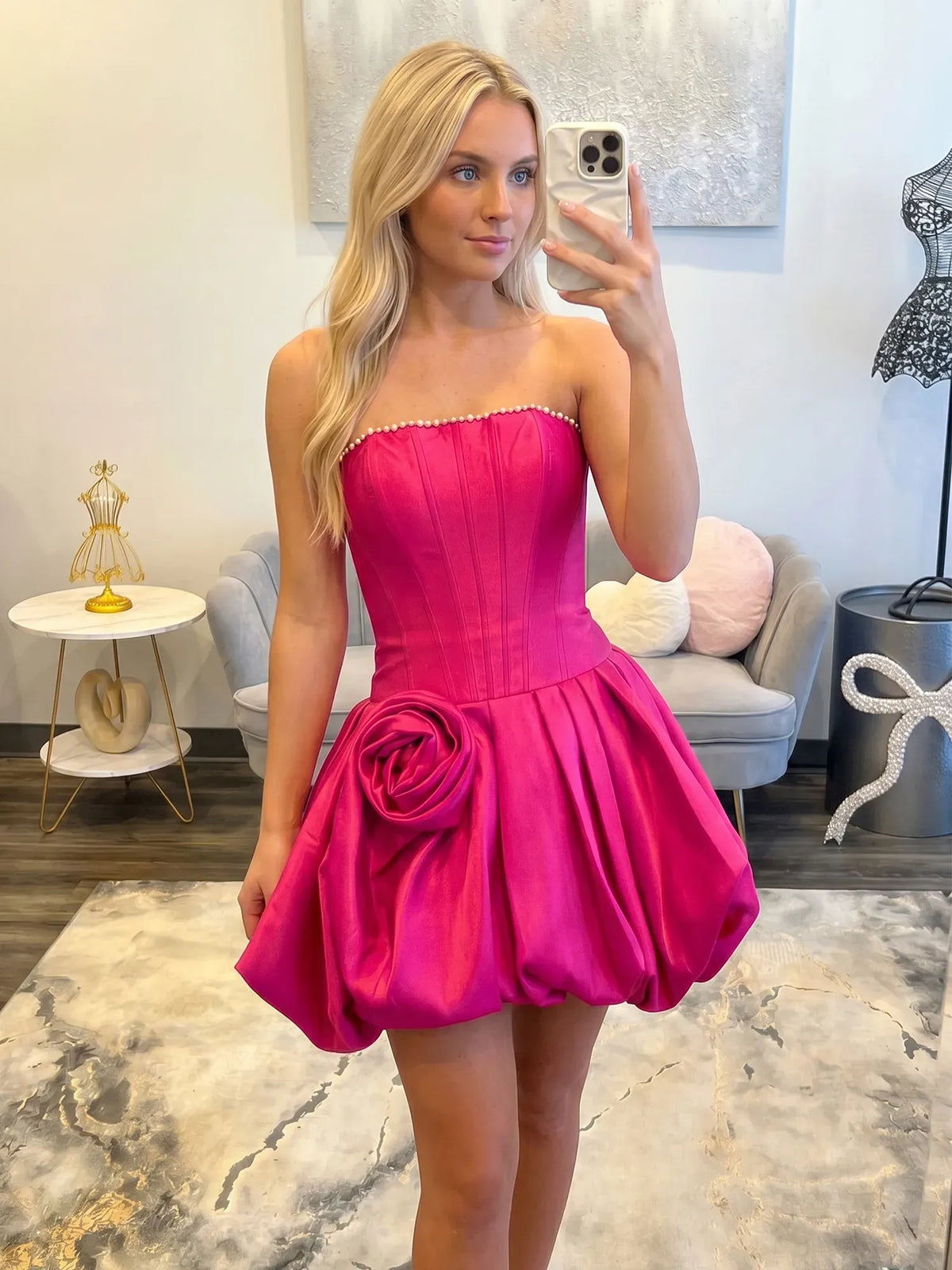 Strapless Rose Accent Satin Mini Short Homecoming Dresses - VelvetHem