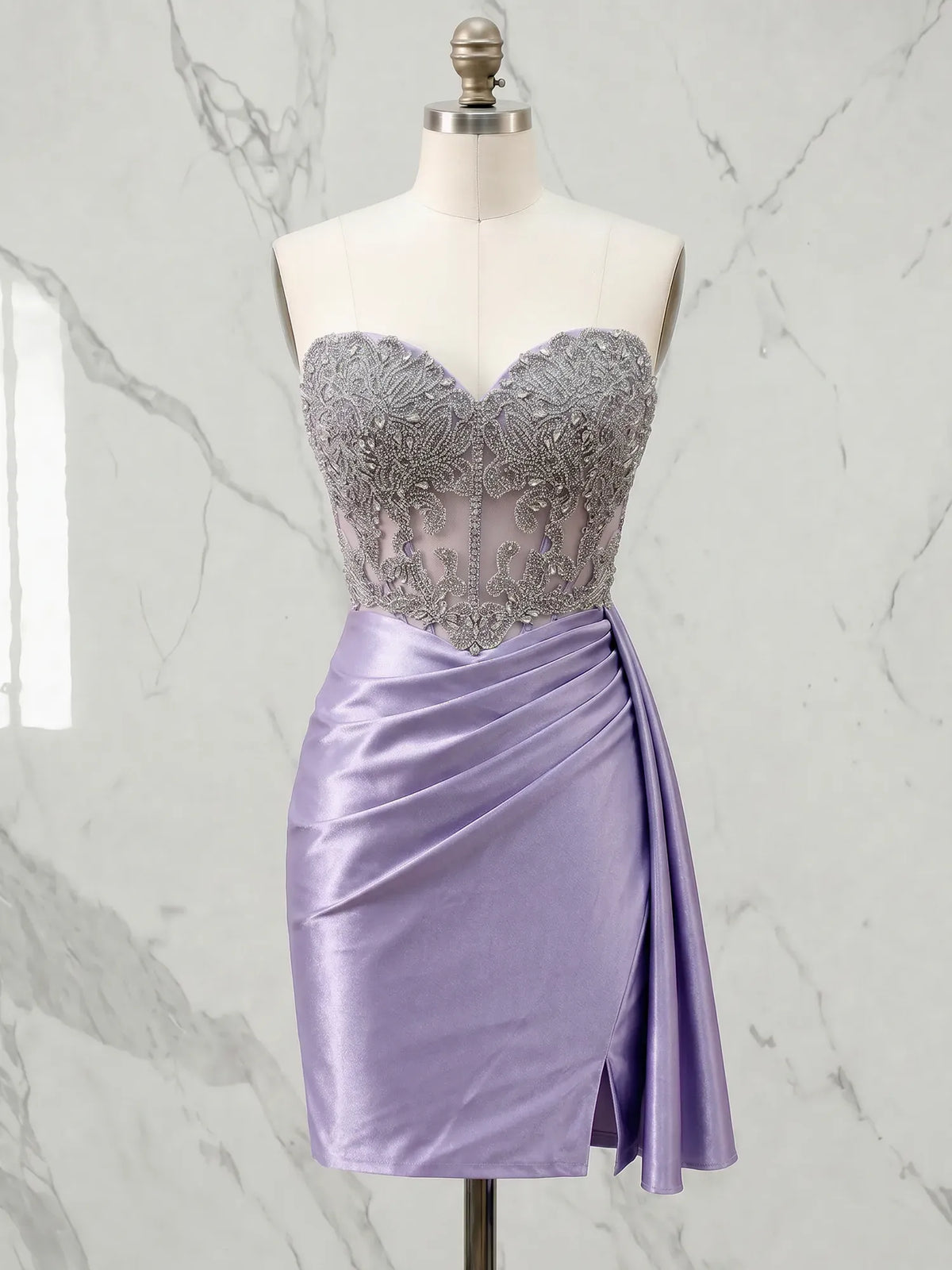 Sweetheart Beaded Corset Satin Mini Homecoming Dress - VelvetHem