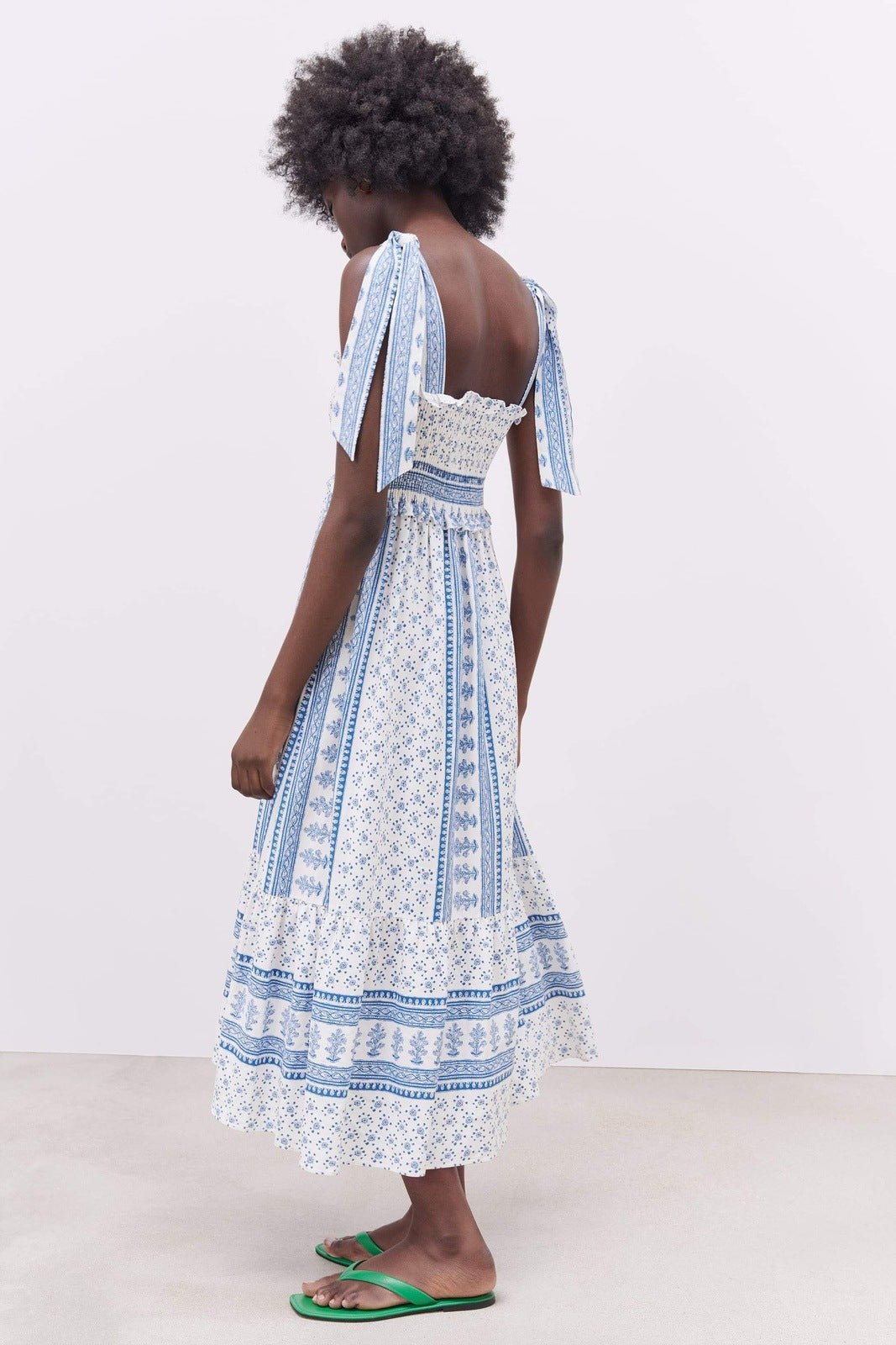 Zoe Exclusive Printed Midi Dress with Gathered Straps Chic Silhouette Collection