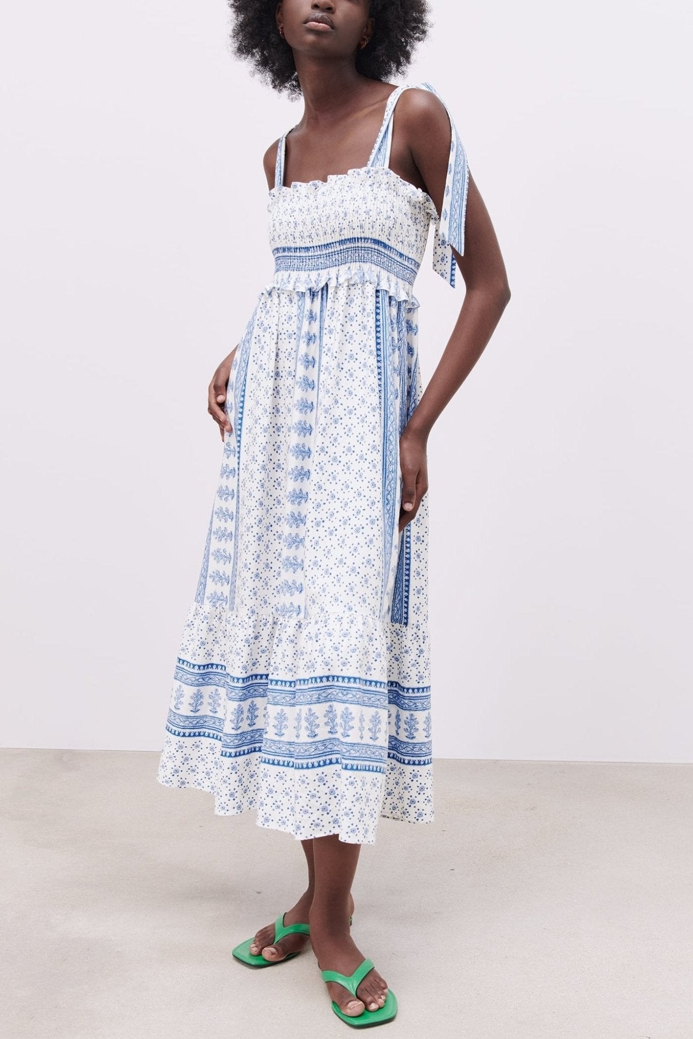 Zoe Exclusive Printed Midi Dress with Gathered Straps Chic Silhouette Collection
