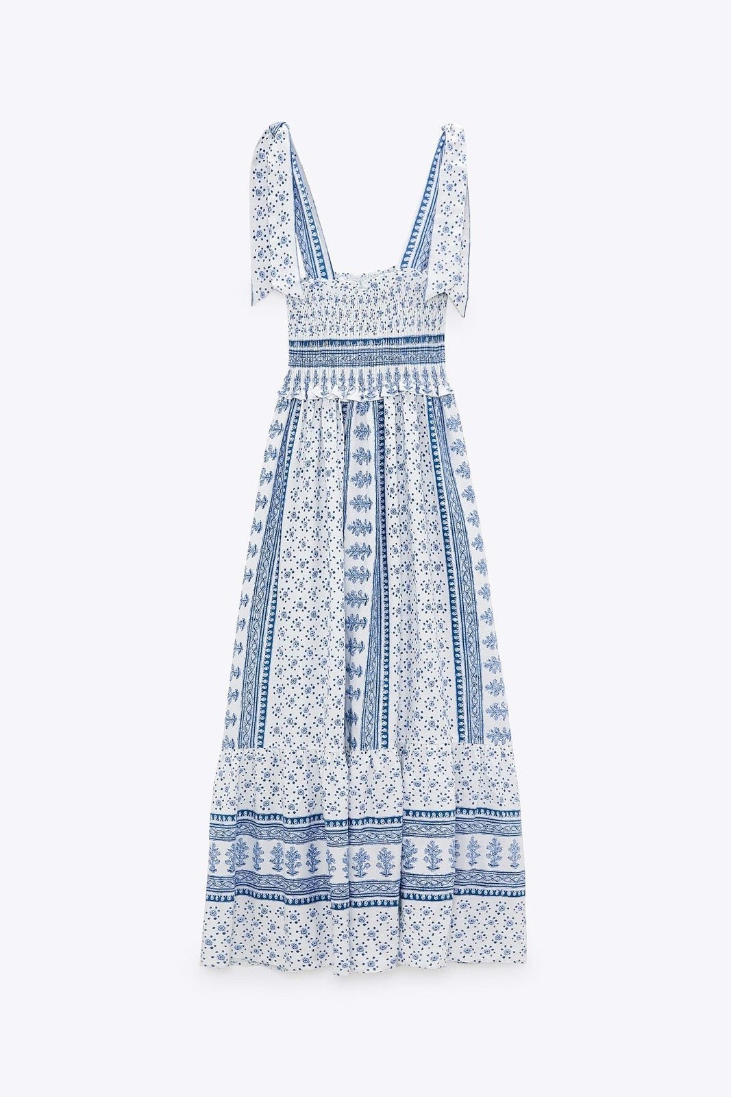 Zoe Exclusive Printed Midi Dress with Gathered Straps Chic Silhouette Collection