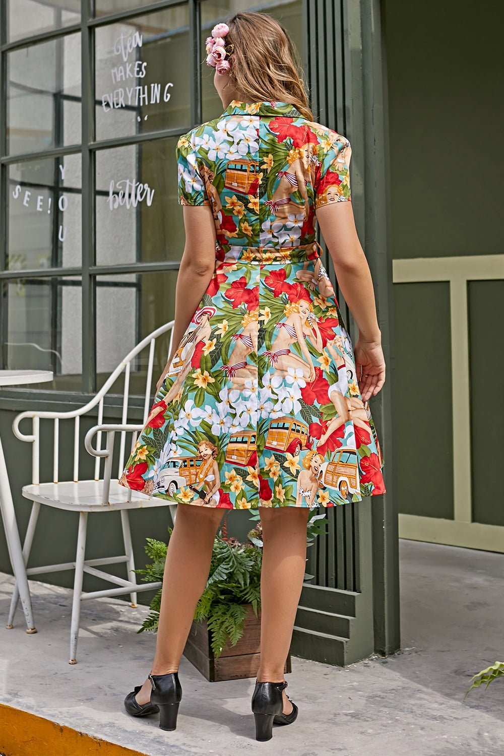 Violeta Effortless Retro Printed Cotton Midi Shirt Dress with Belt Premium Wardrobe Essential