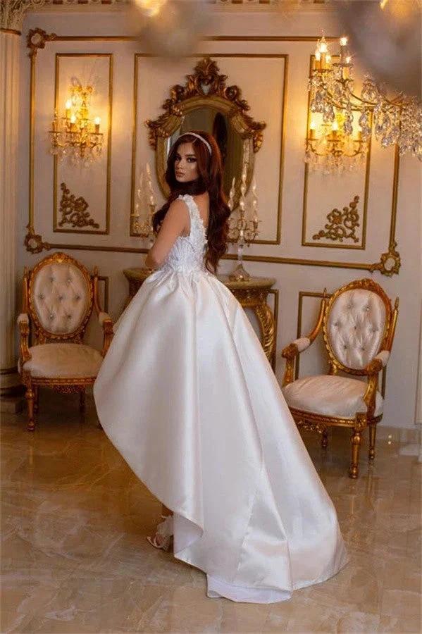 High Low V-neck Satin Lace White Wedding Dress (ZD14477)