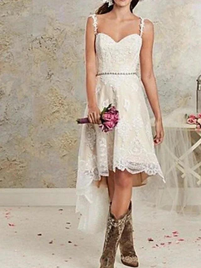 High Low A-Line Asymmetrical Lace Tulle Sleeveless Wedding Dresses (ZD15896) - VelvetHem