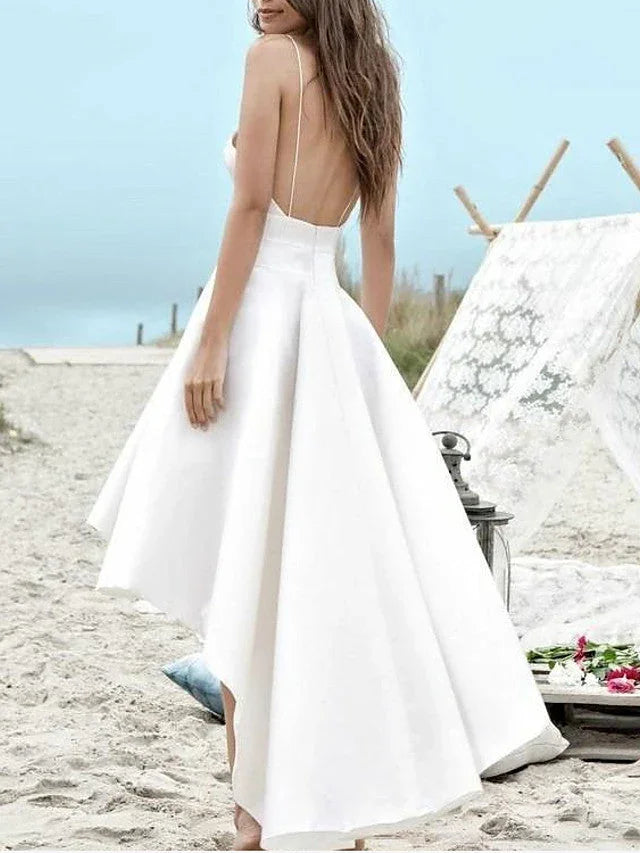 High Low A-Line V Neck Spaghetti Strap Satin Wedding Dresses with Pockets (ZD15932)