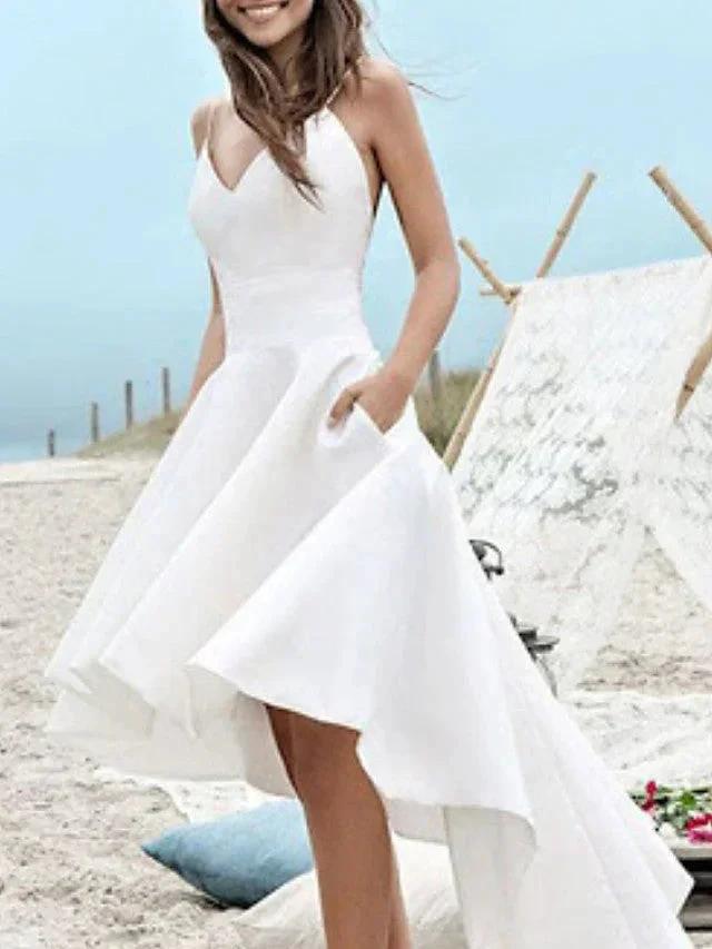 High Low A-Line V Neck Spaghetti Strap Satin Wedding Dresses with Pockets (ZD15932)