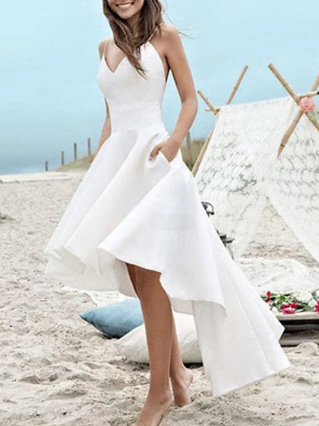 High Low A-Line V Neck Spaghetti Strap Satin Wedding Dresses with Pockets (ZD15932) - VelvetHem
