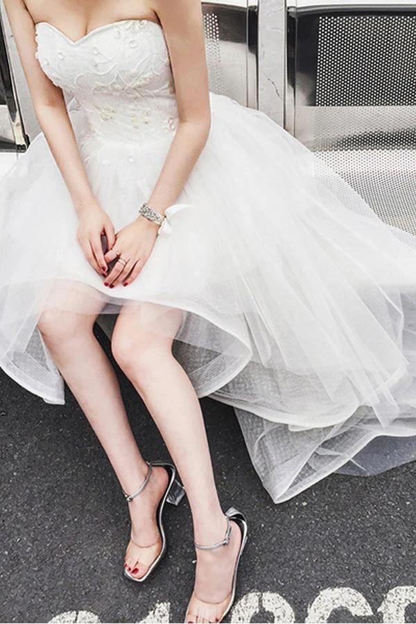 High Low Sweet Heart Tulle Beading Wedding Dresses With Court Train (ZD15461) - VelvetHem