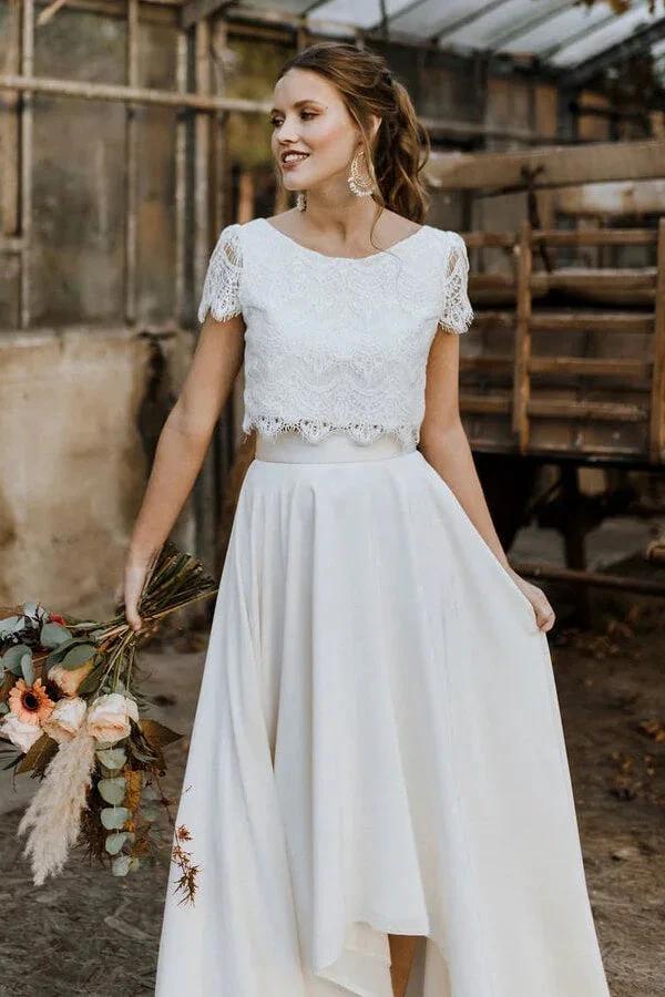 High Low Two Piece Satin Lace Wedding Dress with Sleeves (ZD15784)