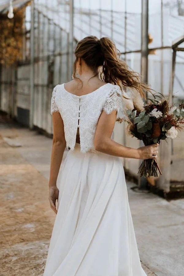 High Low Two Piece Satin Lace Wedding Dress with Sleeves (ZD15784)