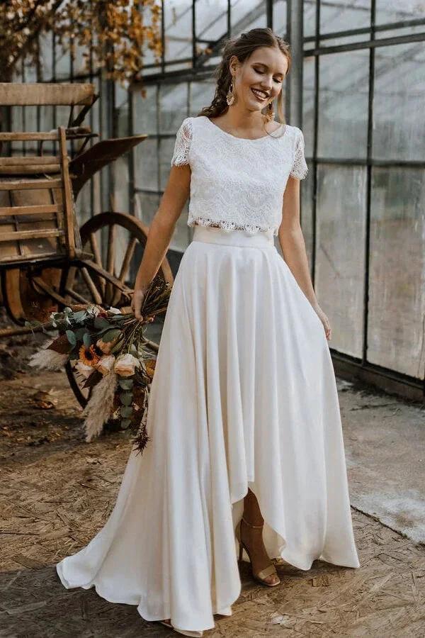 High Low Two Piece Satin Lace Wedding Dress with Sleeves (ZD15784)