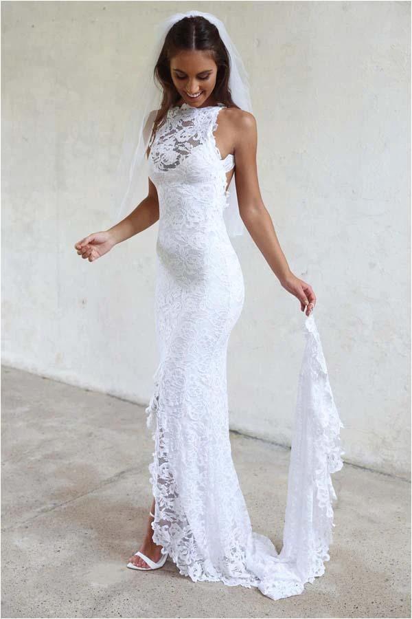 High Neckline Lace Backless Mermaid Wedding Dresses With Court Train WD123 by pgmdress