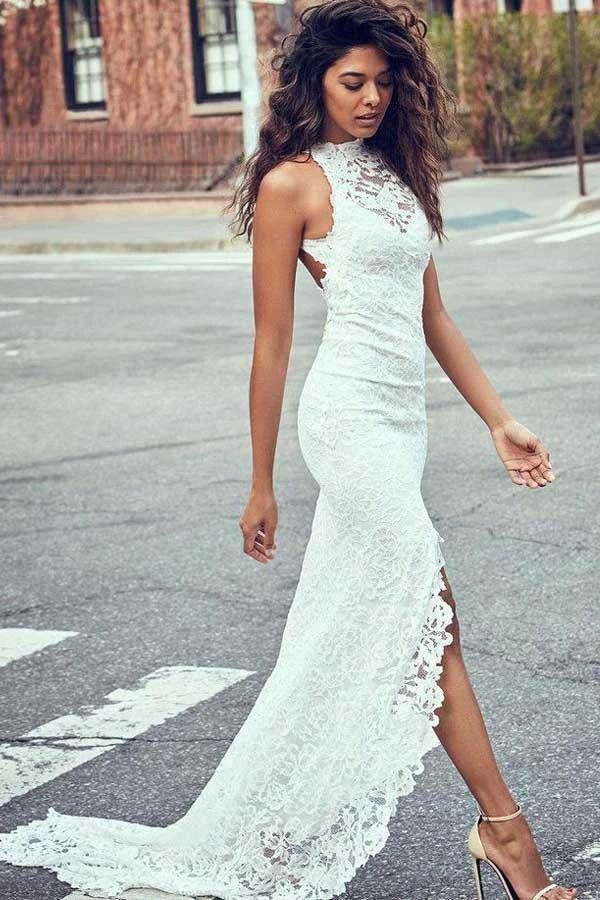 High Neckline Lace Backless Mermaid Wedding Dresses With Court Train WD123 by pgmdress