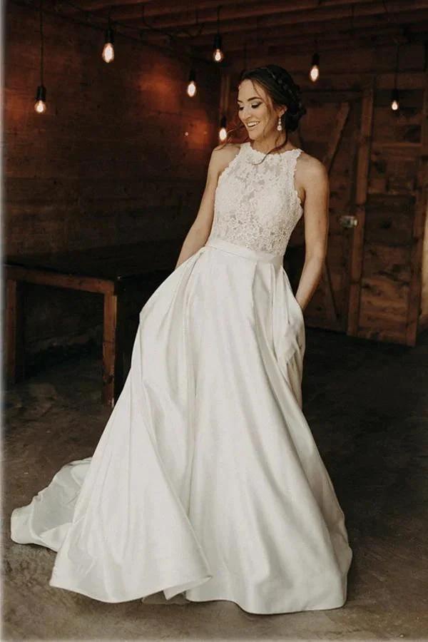 Illusion And Lace Halter Neck A-line Wedding Dress With Sweep Train (ZD16309) - VelvetHem