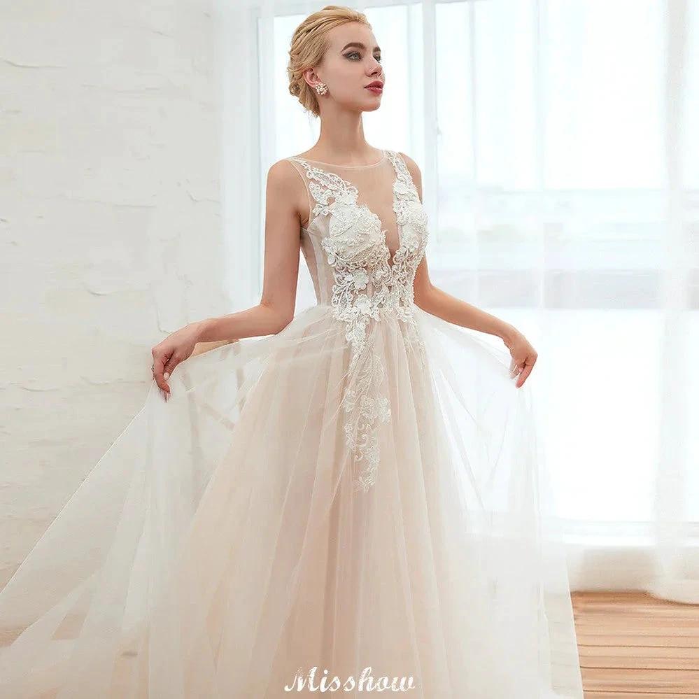 Illusion Neck Champagne Wedding Dress Sleeveless Summer Bridal Gown (ZD13980)