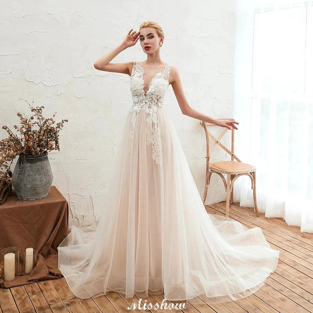 Illusion Neck Champagne Wedding Dress Sleeveless Summer Bridal Gown (ZD13980) - VelvetHem
