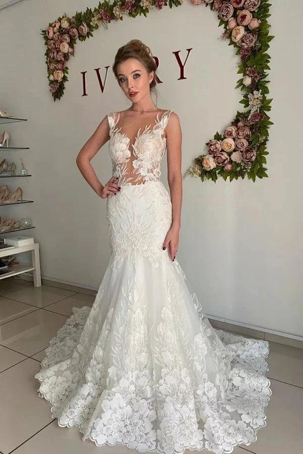 Illusion neck Lace Sleeveless Mermaid Wedding Dress (ZD13825) - VelvetHem