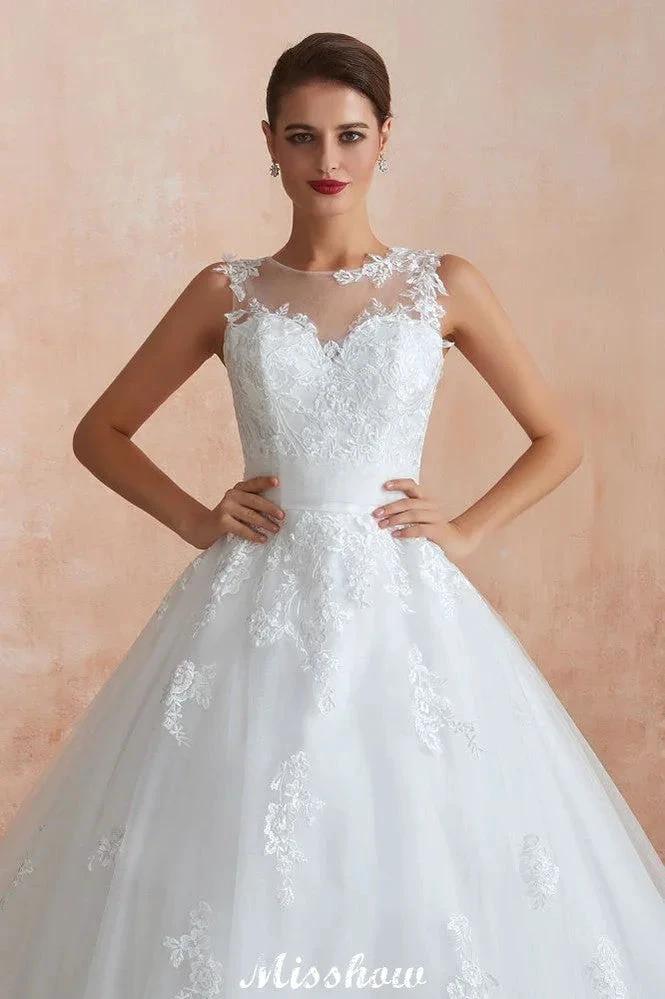 Illusion Neck White Wedding Dress Sleeveless Lace Appliques Bridal Gown online (ZD13976)