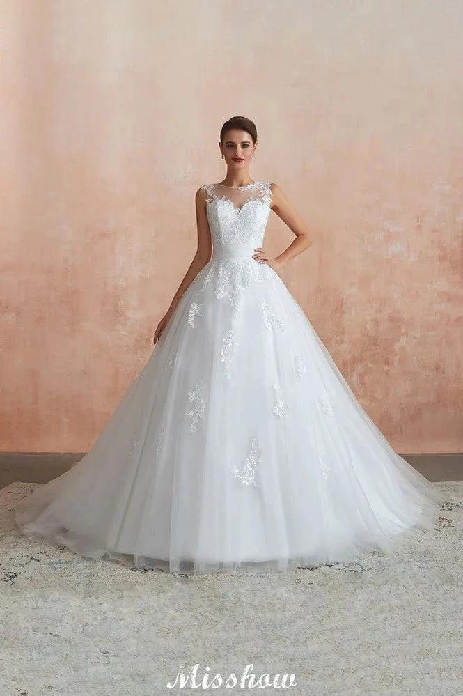 Illusion Neck White Wedding Dress Sleeveless Lace Appliques Bridal Gown online (ZD13976)