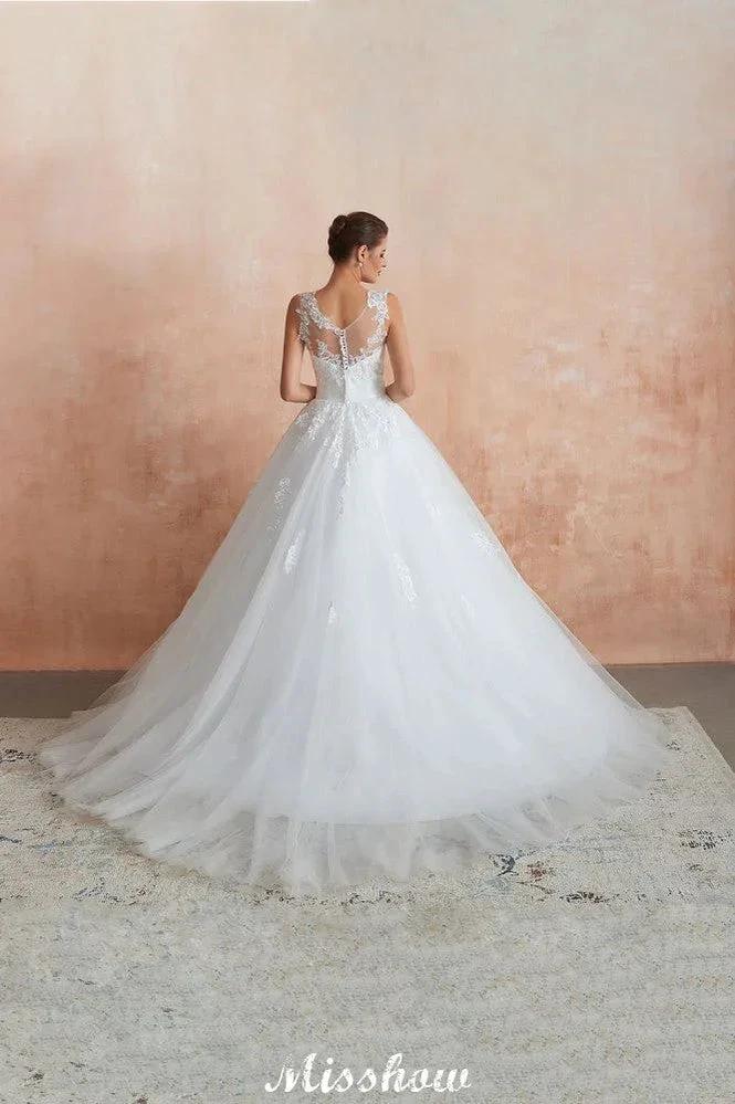 Illusion Neck White Wedding Dress Sleeveless Lace Appliques Bridal Gown online (ZD13976)