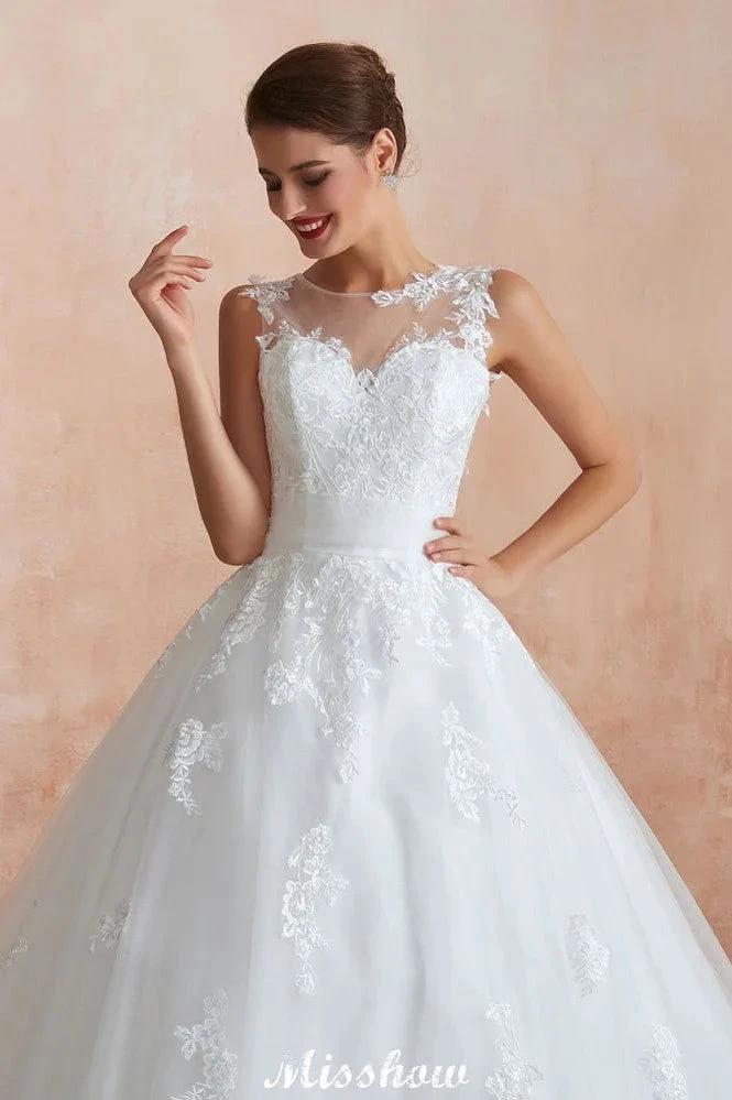 Illusion Neck White Wedding Dress Sleeveless Lace Appliques Bridal Gown online (ZD13976)