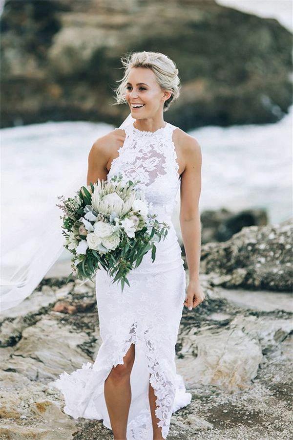 Illusion Neckline Split Sweep Train Wedding Dress Open Back Bridal Gown (ZD16360)