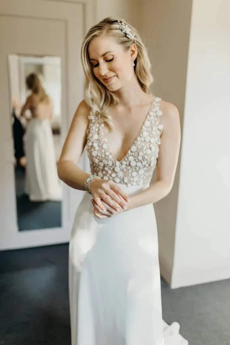 Illusion V-Neck A-line Beach Wedding Dress Chaple Train Sheath Bridal Gown (ZD15330) - VelvetHem
