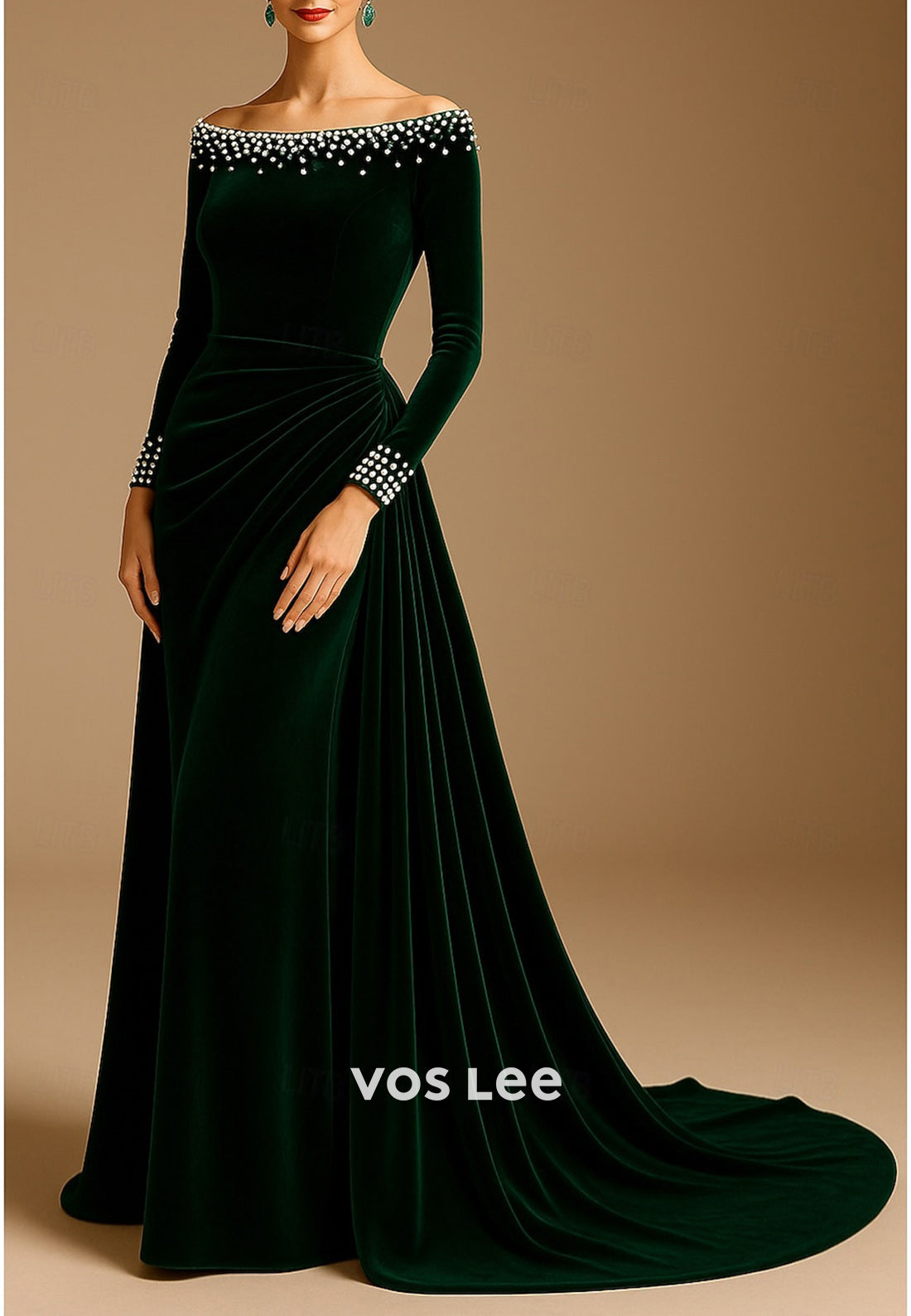 A-Line Velvet Long Sleeve Pearl Off the Shoulder Evening Dresses with Court Train