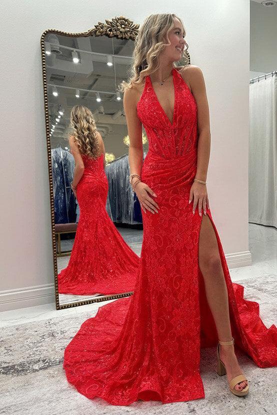 Halter Pink Prom Dress Long Lace Formal Dress With Slit