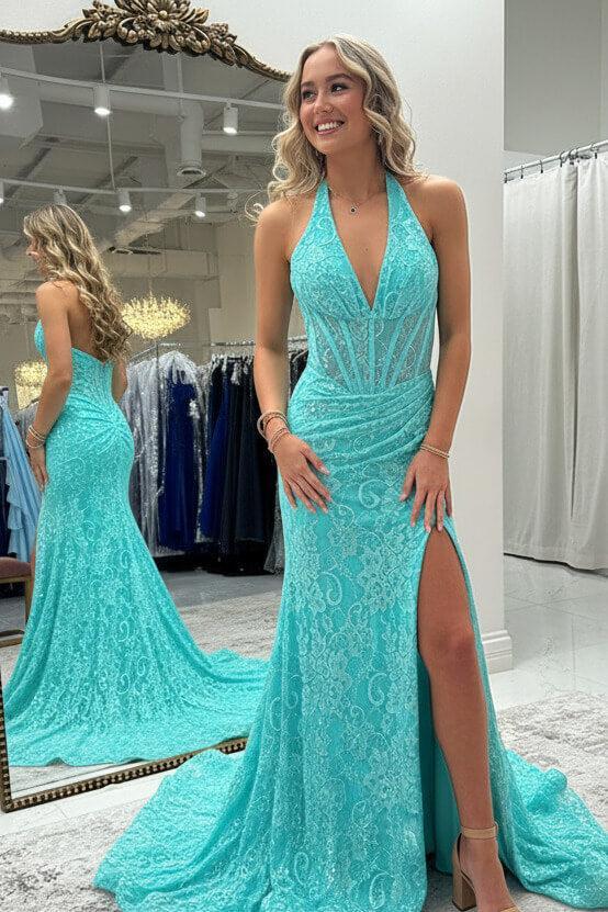 Halter Pink Prom Dress Long Lace Formal Dress With Slit