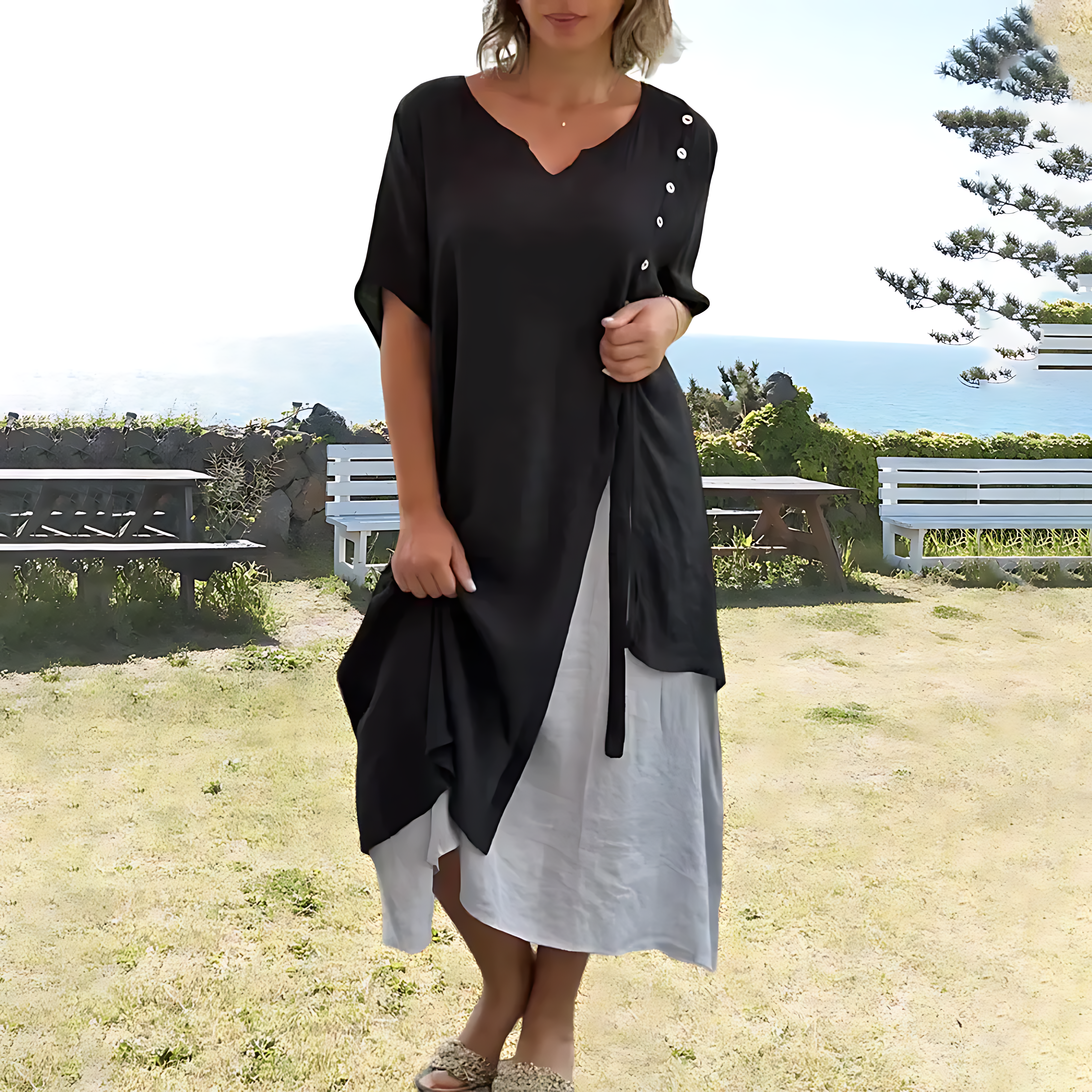 Ximena Aesthetic , Loose V Neck Dress Premium Wardrobe Essential