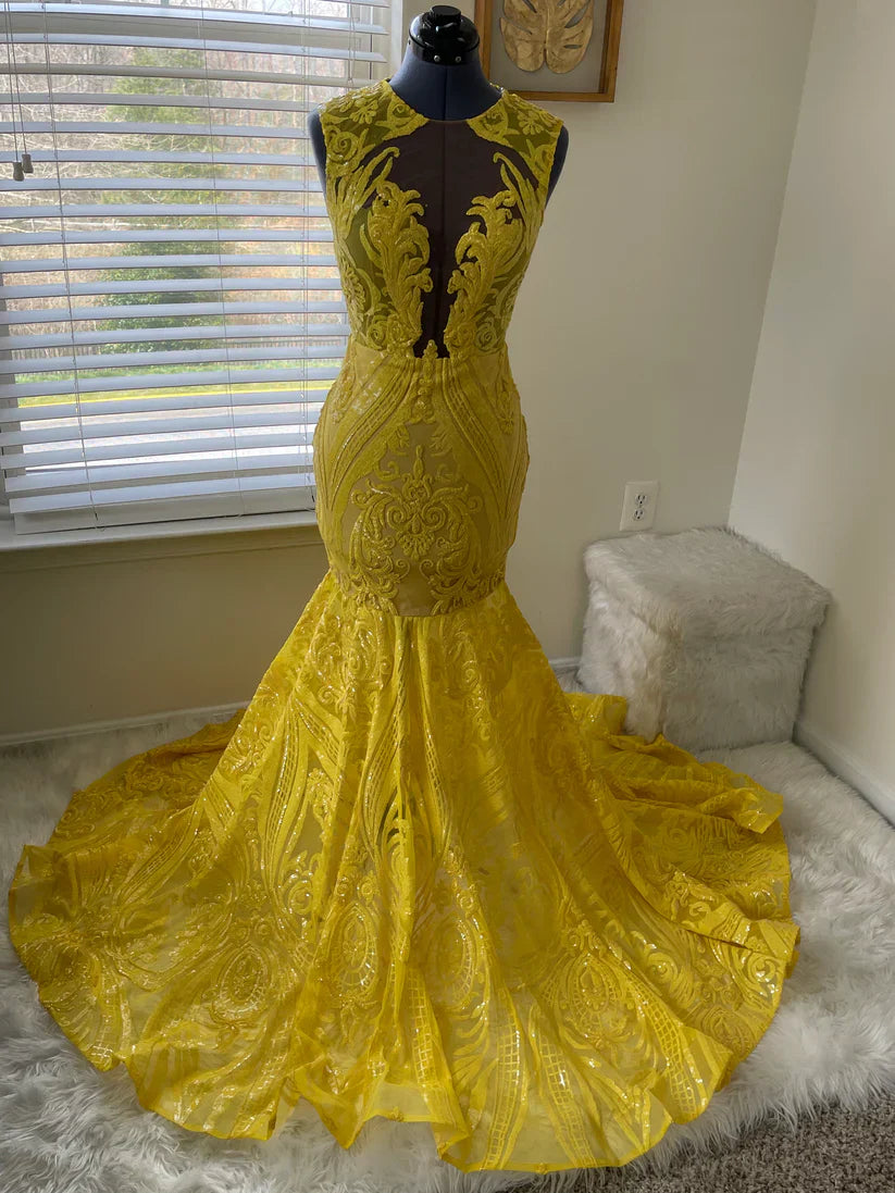 Yellow prom dresses, sheer prom dress, lace evening dress, vintage prom dresses, custom make prom dress