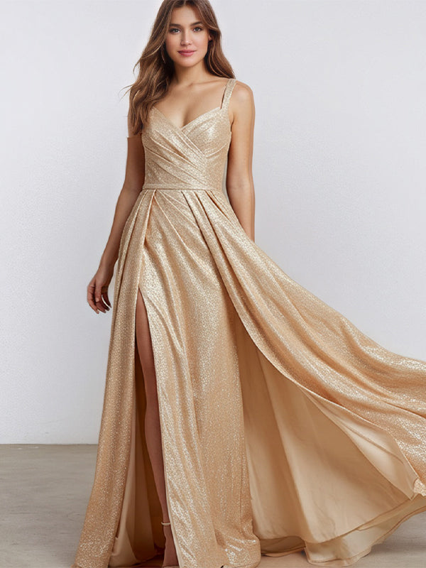 Champagen A Line V Neck Long Formal Eveing Dress with Slit - VelvetHem