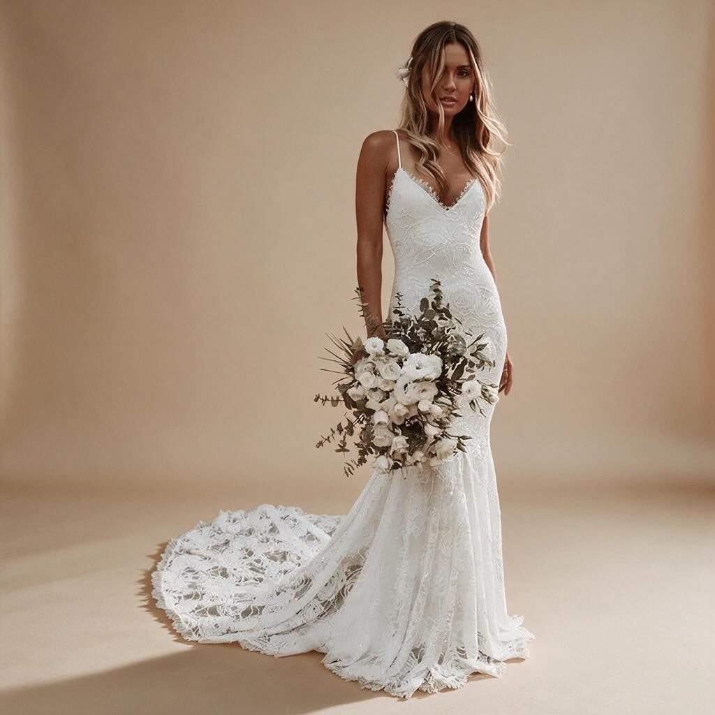 Boho Mermaid V-Neck Spaghetti Straps Wedding Dress with Court Train & Lace Backless | ZapDress - VelvetHem