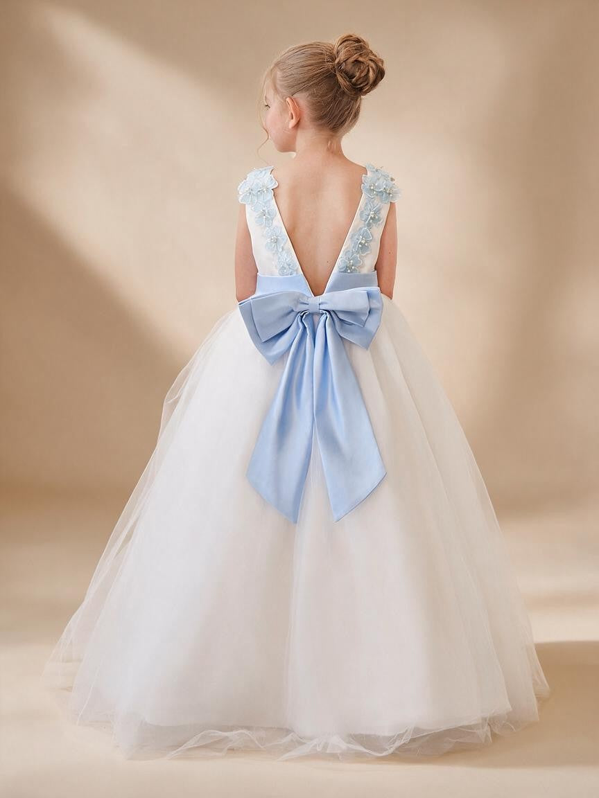 Ball-Gown Princess 3D Flower Tulle Floor-Length Ivory Flower Girl Dress - VelvetHem