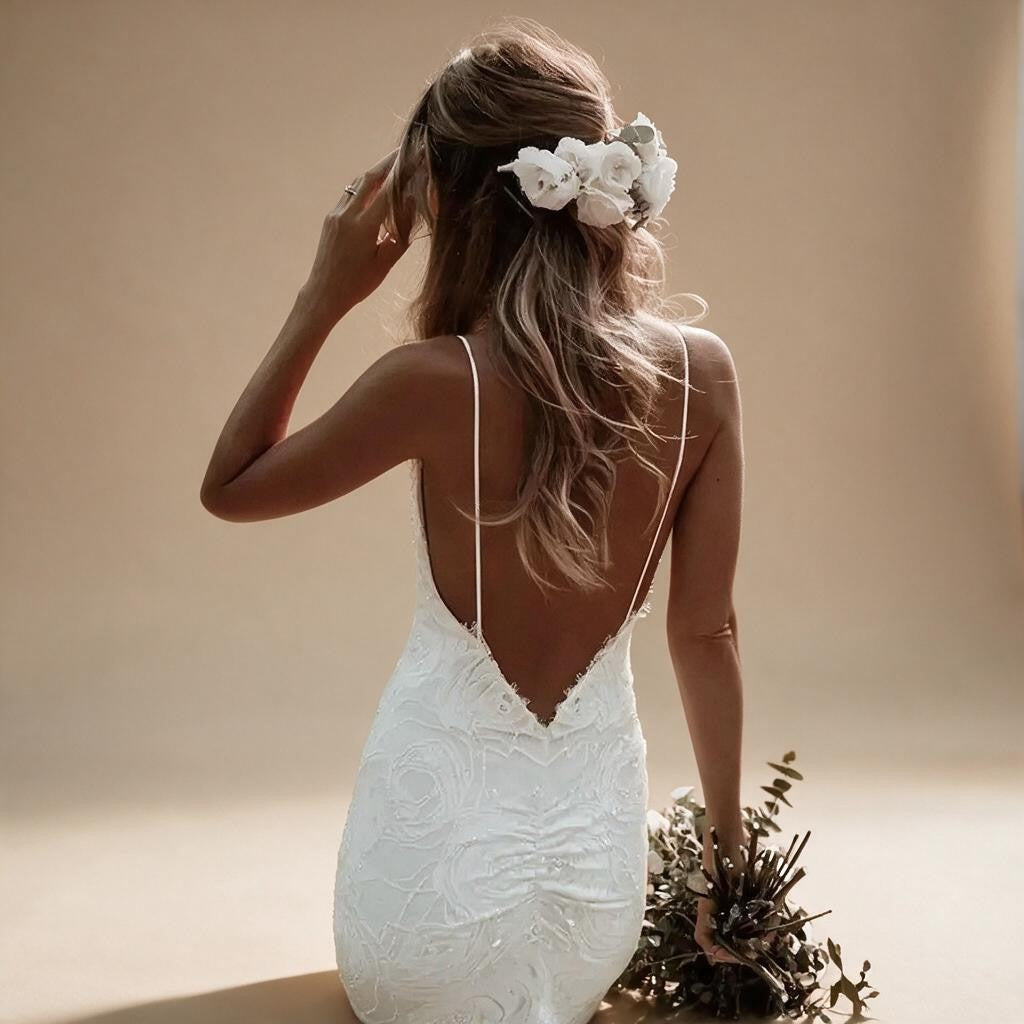 Boho Mermaid V-Neck Spaghetti Straps Wedding Dress with Court Train & Lace Backless | ZapDress