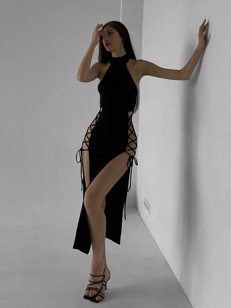Hollow out sleeveless lace up slit solid maxi dress