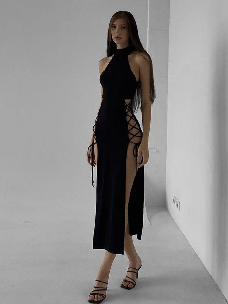 Hollow out sleeveless lace up slit solid maxi dress