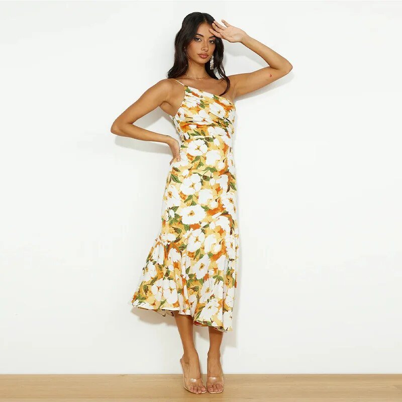 Zoraida Elegant Asymmetrical Floral Print Maxi Dress for Women