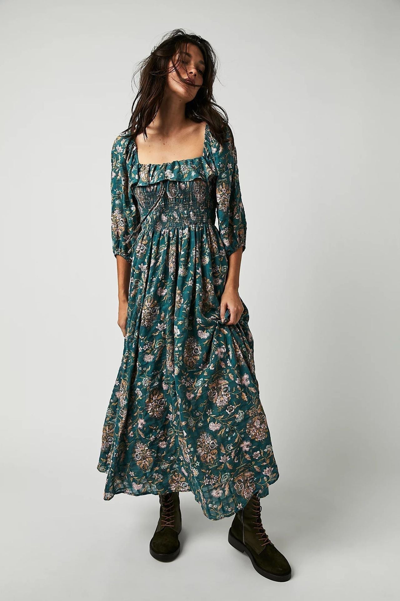 Ariadna Exclusive Printed Midi Dress with Ruched Bodice and Ruffles Statement Occasion Edit