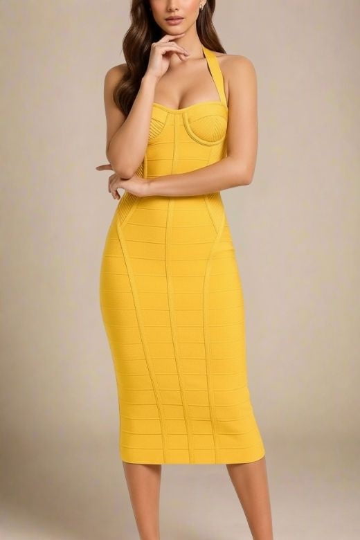Woman wearing a figure flattering Isabella Bandage Midi Dress - Mustard Yellow BODYCON COLLECTION Pty Ltd