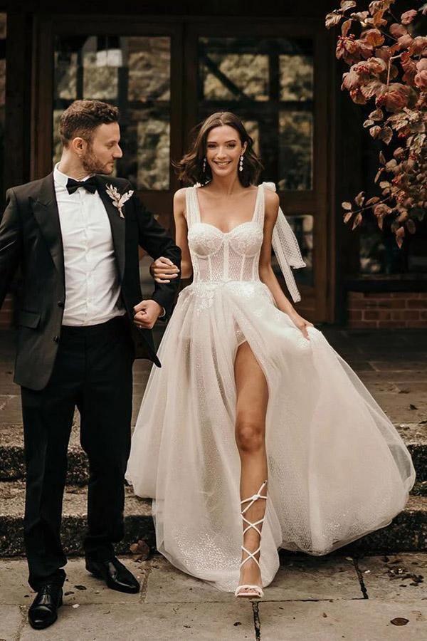 Ivory A-Line Sleeveless Sweep Train Wedding Dress With Sequins (ZD16250) - VelvetHem