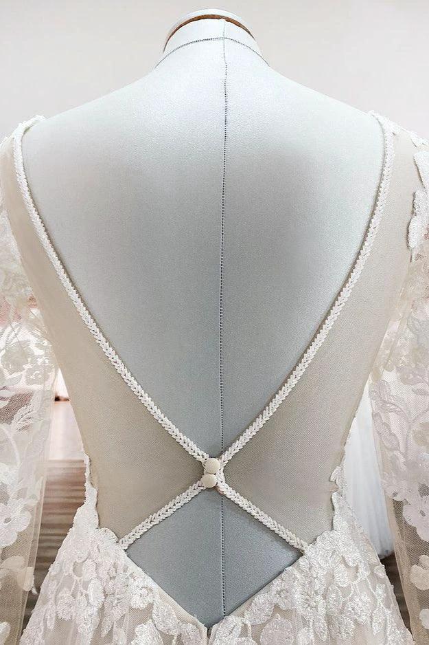 Ivory A-line Tulle Long Sleeves Lace Appliques Open Back Wedding Dresses (ZD15181)