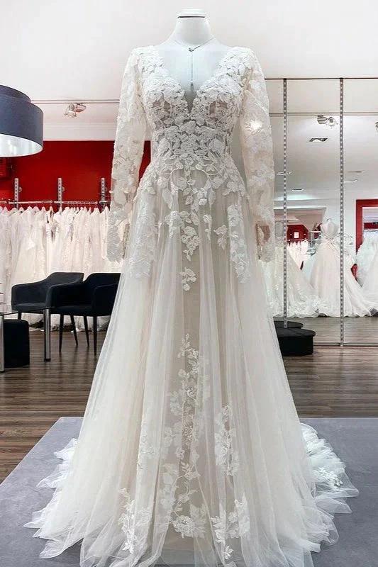Ivory A-line Tulle Long Sleeves Lace Appliques Open Back Wedding Dresses (ZD15181) - VelvetHem