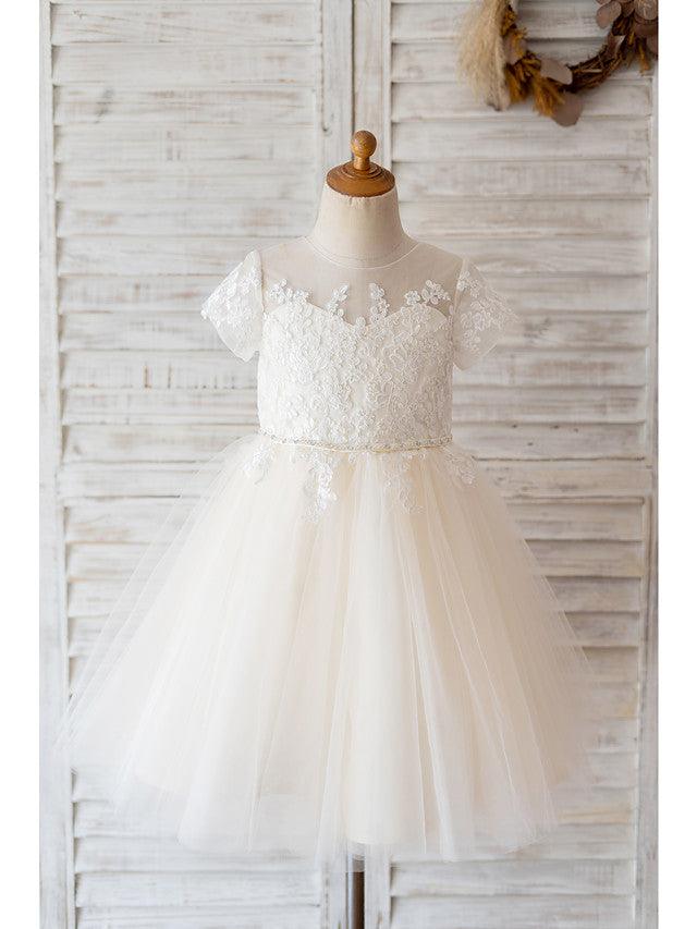 Ivory Ball Gown Tulle Jewel Neck Wedding Birthday Flower Girl Dresses - VelvetHem