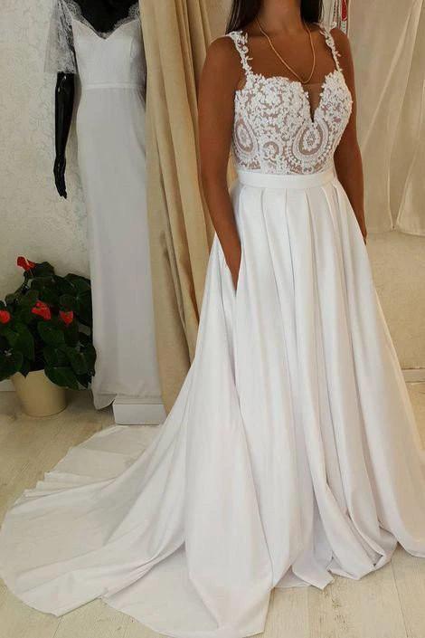 Ivory Beach Long A-line Sweetheart Chiffon Wedding Dress with Pockets (ZD15862) - VelvetHem